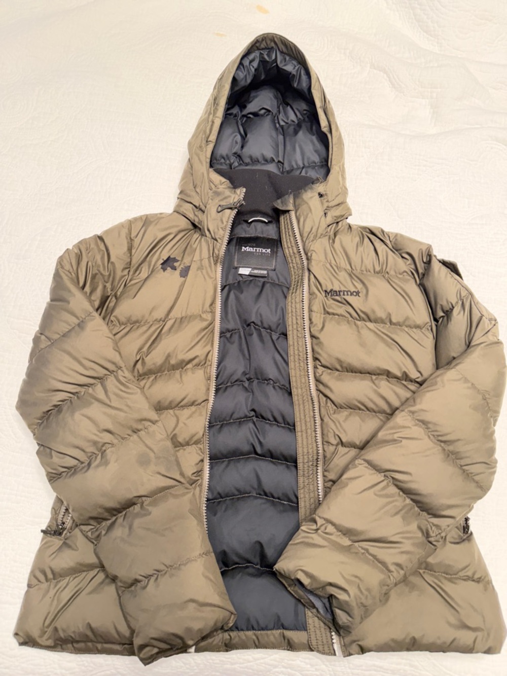 Marmot Olive Green Hooded Puffer Jacket